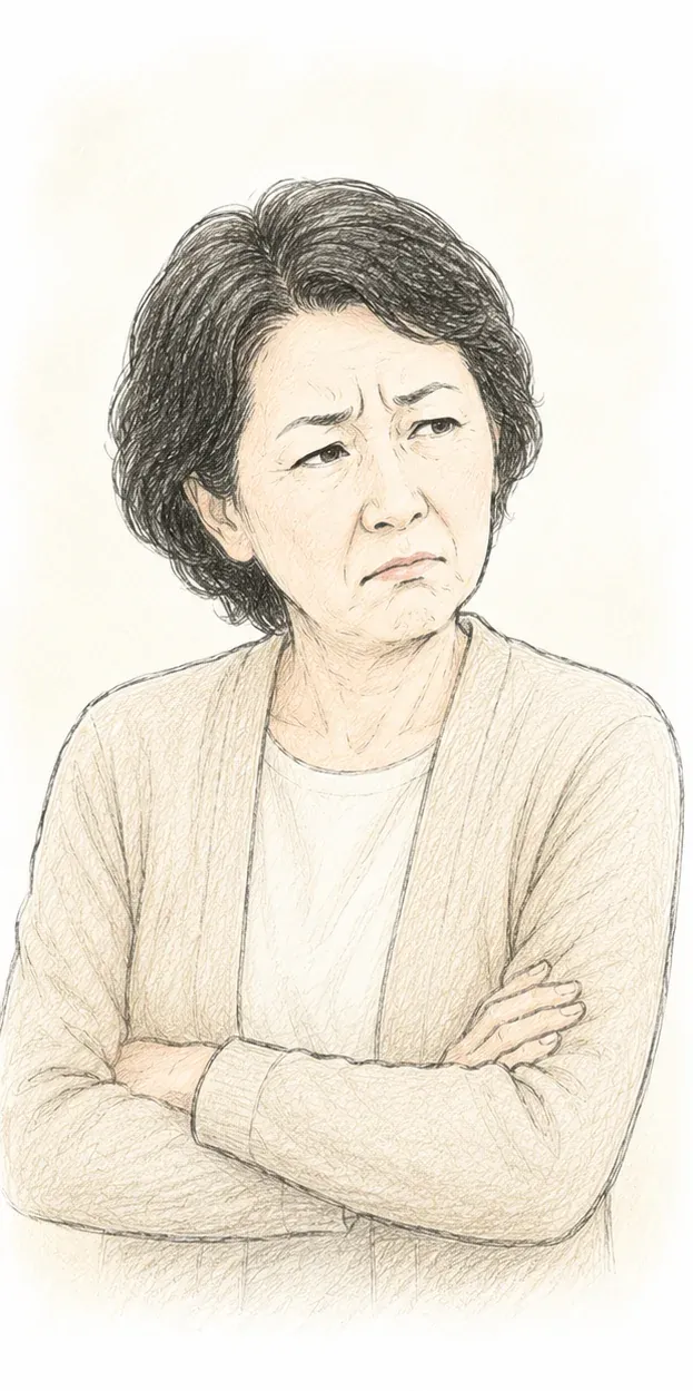 腕を組み、思うところがありそうな檀信徒